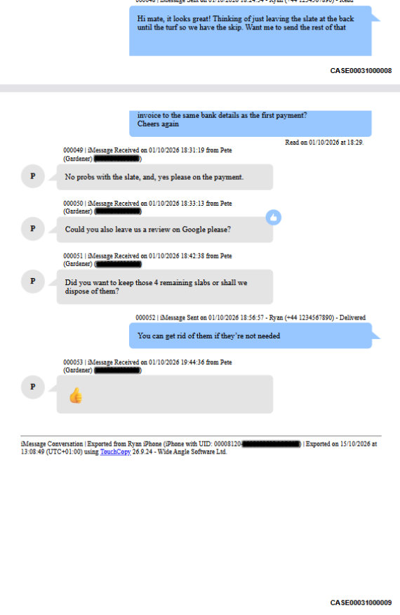 Example of an iPhone text message printout using TouchCopy with forensic details
