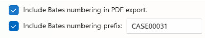 Screenshot of Bates numbering and prefix options