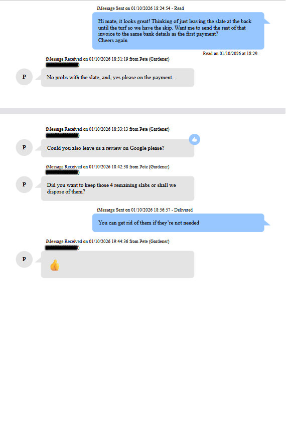 Example of an iPhone text message printout using TouchCopy without any forensic details