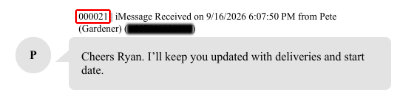 Screenshot example of messages including numerical message identifiers