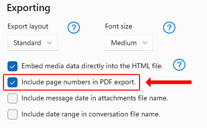 Screenshot of the settings where PDF numbering is available to enable