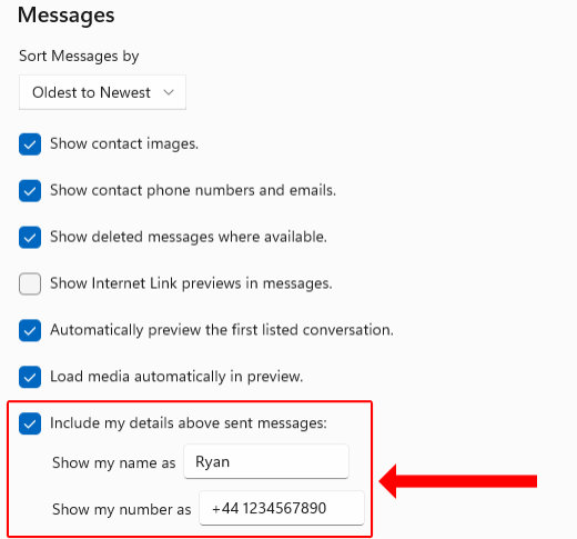 Screenshot of settings used to add name and phone number above sent messages