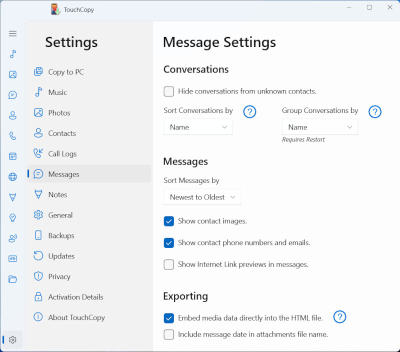 TouchCopy Messages options