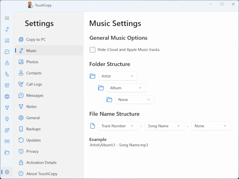 TouchCopy Music options