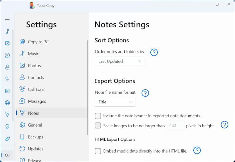 TouchCopy Notes options