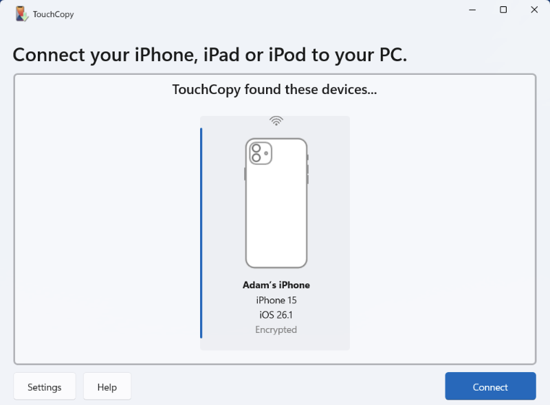 Connecting an iOS device with TouchCopy via Wi-Fi on PC