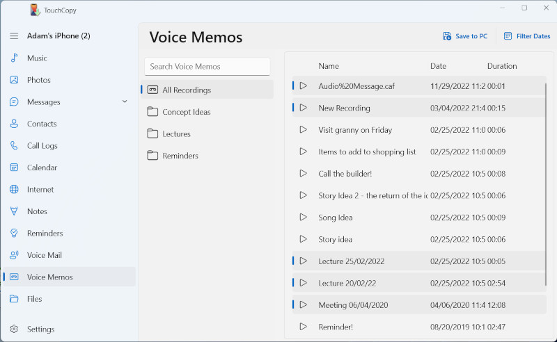 Transferring Voice Memos from iPhone to PC with TouchCopy