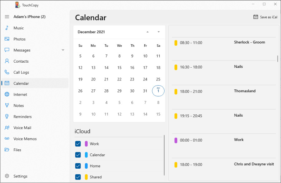 How to copy calendars from iPhone to computer with TouchCopy