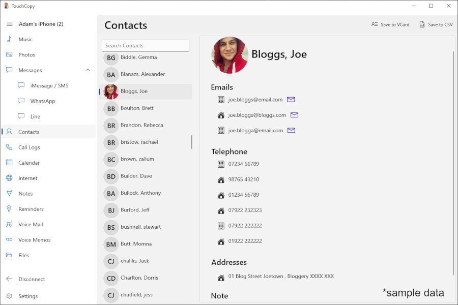 TouchCopy Contacts