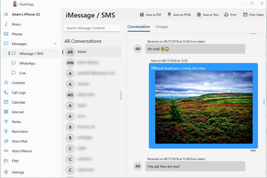Saving iPhone messages to PC with TouchCopy
