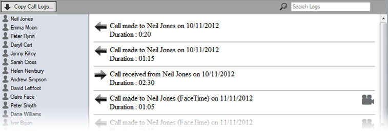 Viewing and copying iphone call logs to computer using TouchCopy