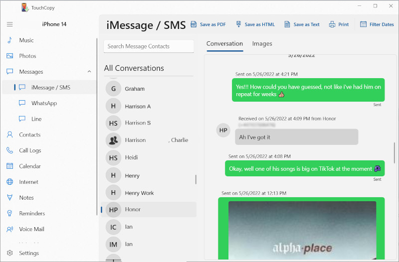 Save iPhone messages to computer using TouchCopy