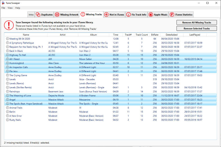 Tune Sweeper find missing iTunes tracks