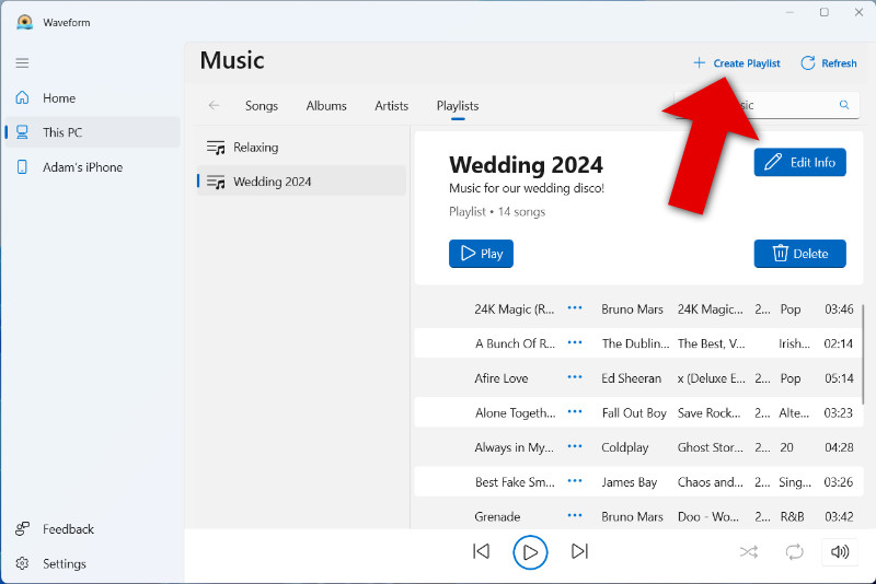 Create a new playlist on PC with Waveform Music Player